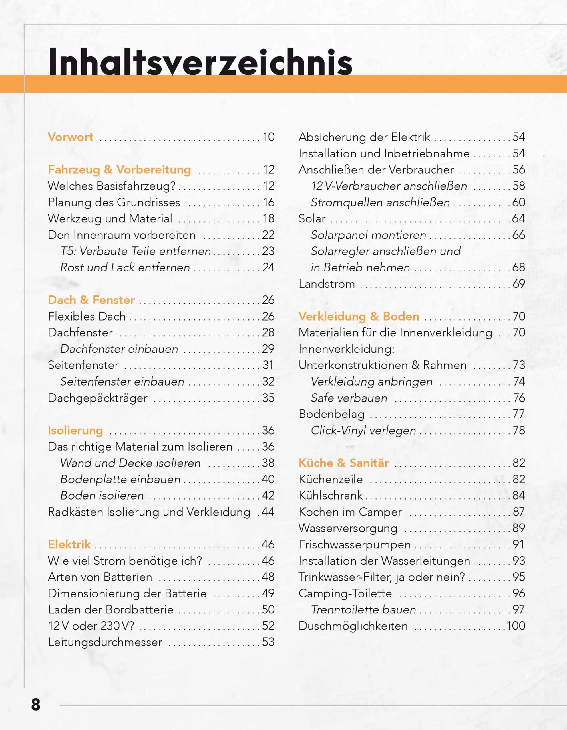 Camper Ausbau Buch VW T5 Inhaltsverzeichnis